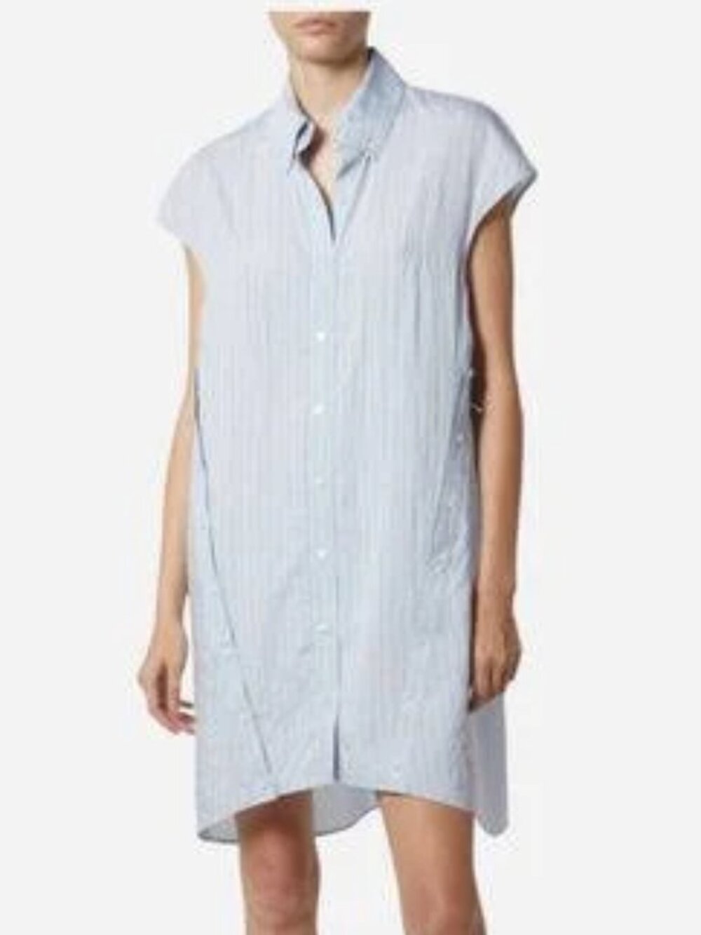 Saint Art Talma Cap Sleeve Button Dress in Pale Blue Pinstripe L